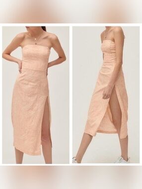 UO Linen Strapless Midi Dress Peach Color